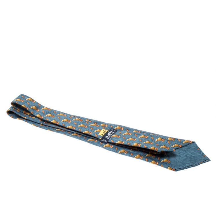 Pre Owned Hermes Blue Silk Circus Elephant and Mouse Print Tie 
