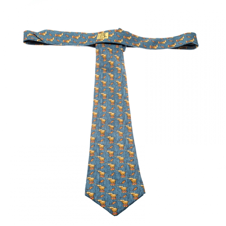 Pre Owned Hermes Blue Silk Circus Elephant and Mouse Print Tie 