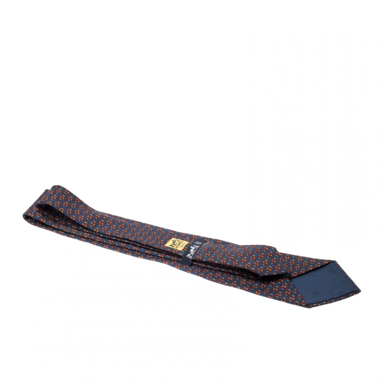 Pre Owned Hermes Navy Blue Red Rope Geometric Print Silk Tie 