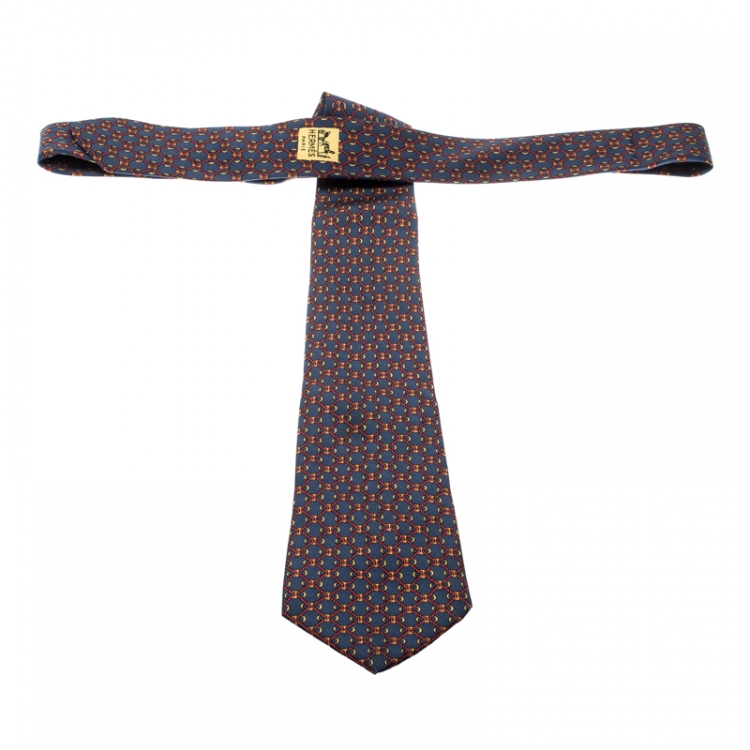 Pre Owned Hermes Navy Blue Red Rope Geometric Print Silk Tie 