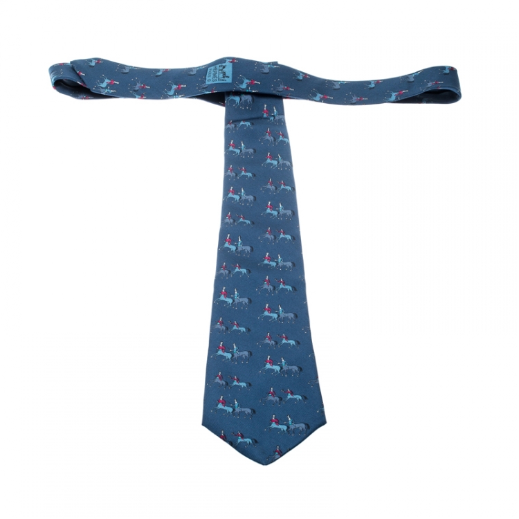 Pre Owned Hermes Blue Double Horse Equestrian Silk Tie 