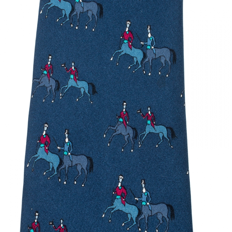 Pre Owned Hermes Blue Double Horse Equestrian Silk Tie 