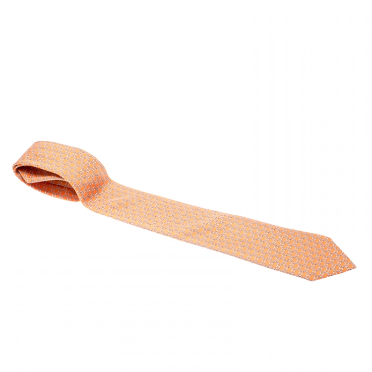 Pre Owned Hermes Orange Equestrian Chain Link Print Silk Tie