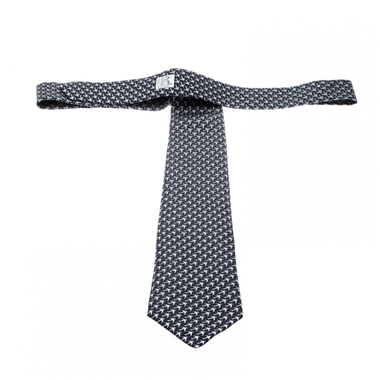 Pre Owned Hermes Navy Blue Aeroplanes and Swallows Print Silk Tie