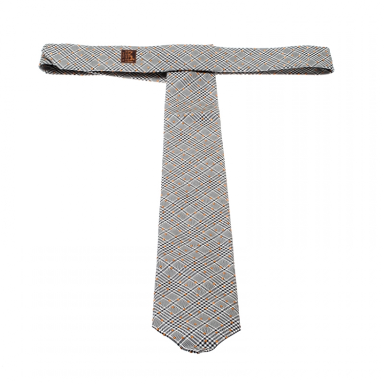 Pre Owned Hermes Black and White Plaid Dot Embroidered Silk Jacquard Tie 