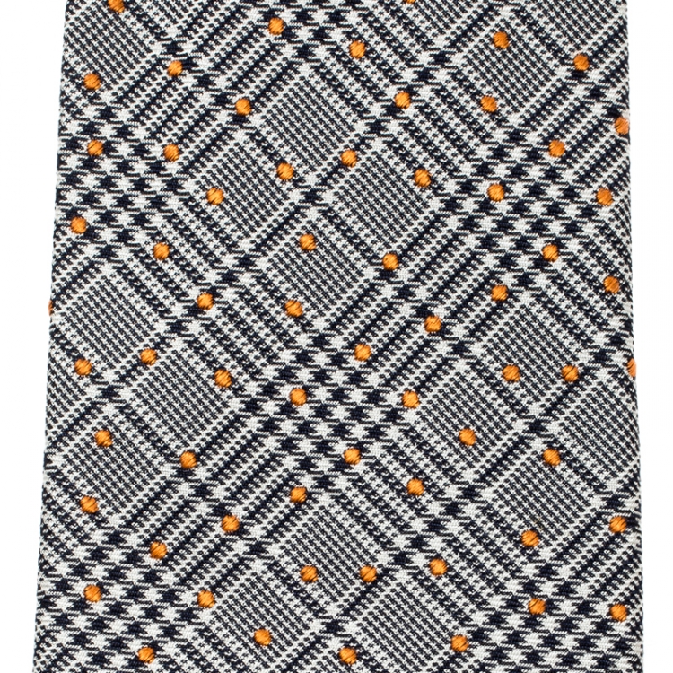 Pre Owned Hermes Black and White Plaid Dot Embroidered Silk Jacquard Tie 