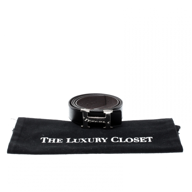 Pre Owned Hermes Black Leather H Buckle Reversible Belt 95CM