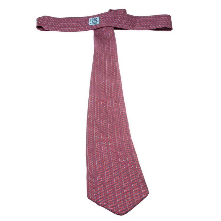 Pre Owned Hermes Red and Blue Geometric Stripe Print Silk Twill Tie 