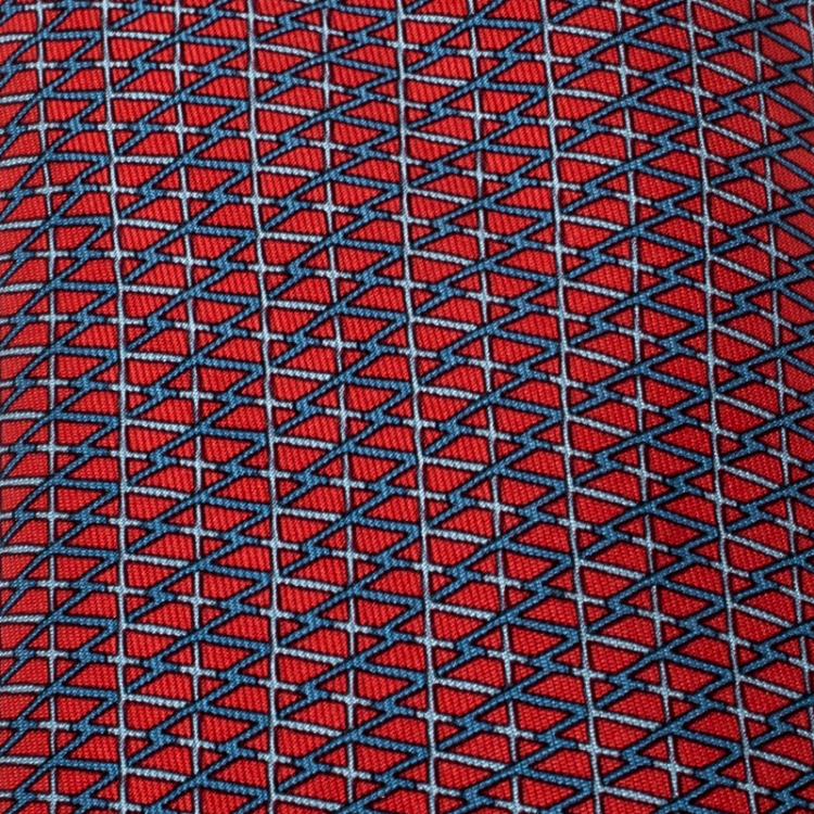 Pre Owned Hermes Red and Blue Geometric Stripe Print Silk Twill Tie 
