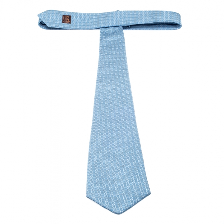 Pre Owned Hermes Blue H Jacquard Patterned Silk Tie 