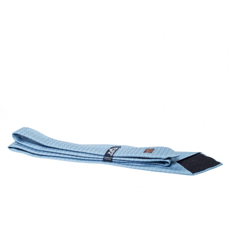 Pre Owned Hermes Blue H Jacquard Patterned Silk Tie 