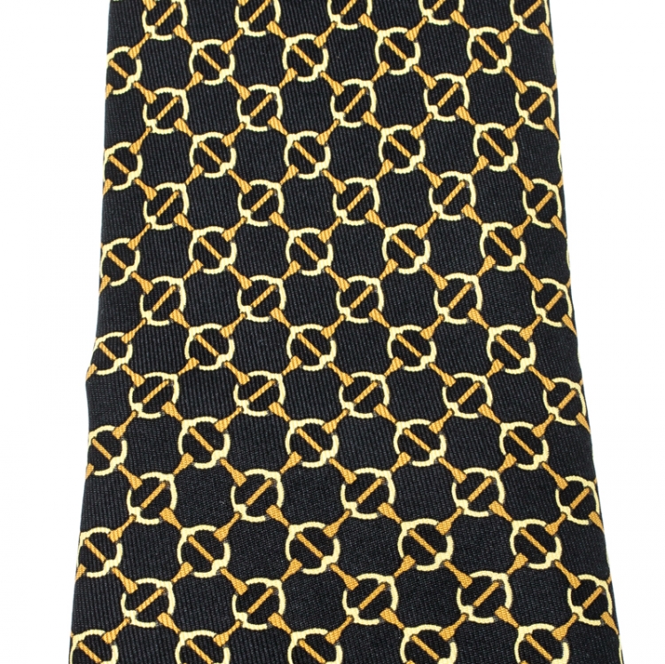 Pre Owned Hermes Black Horsebit Print Silk Twill Tie