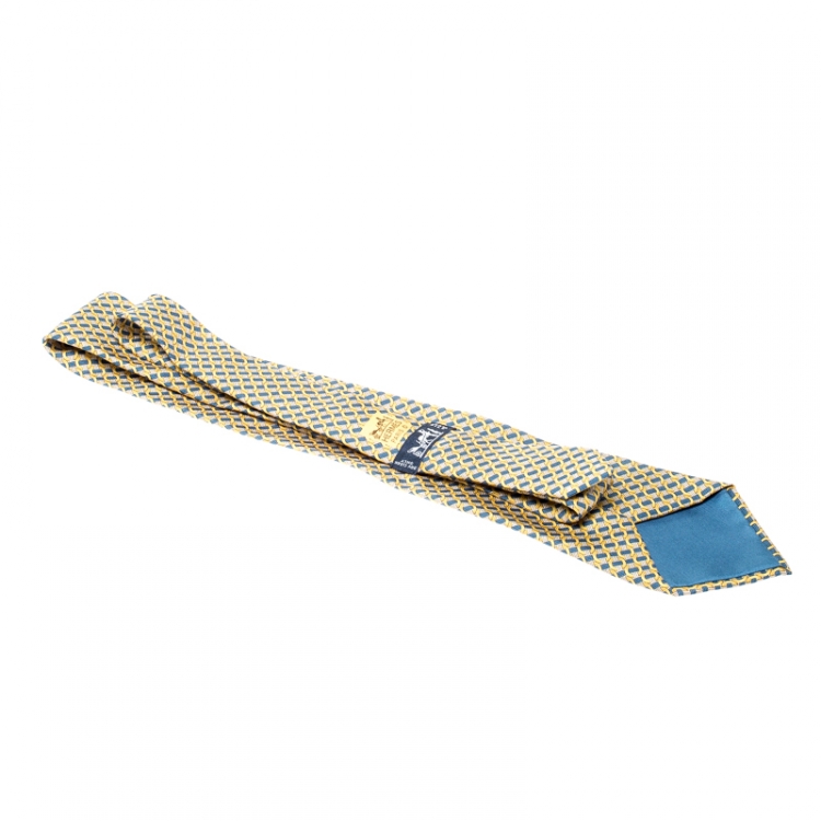 مملوكة مسبقًا Hermes Yellow and Blue Ring print Silk Tie