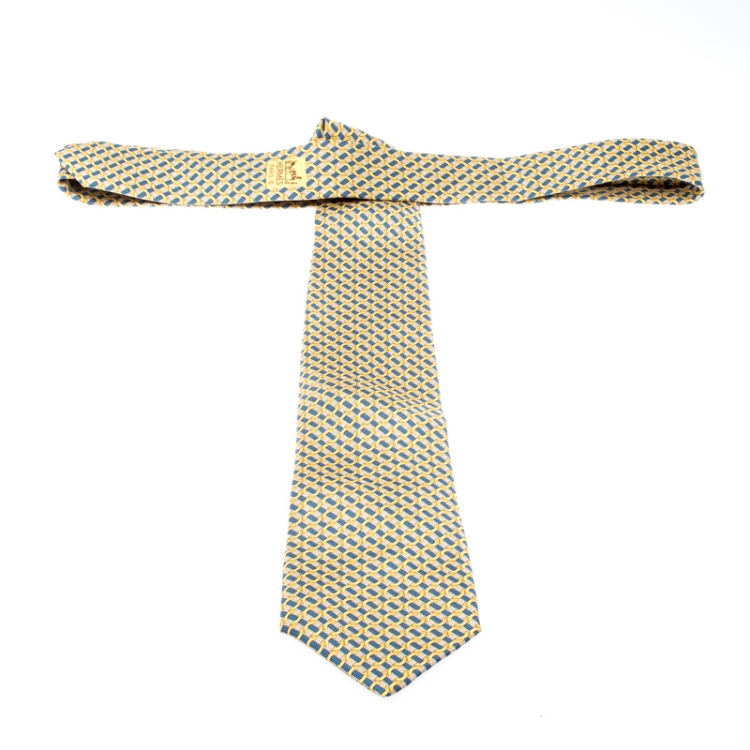 مملوكة مسبقًا Hermes Yellow and Blue Ring print Silk Tie