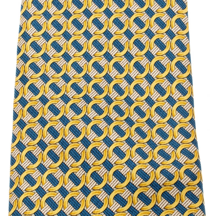 مملوكة مسبقًا Hermes Yellow and Blue Ring print Silk Tie
