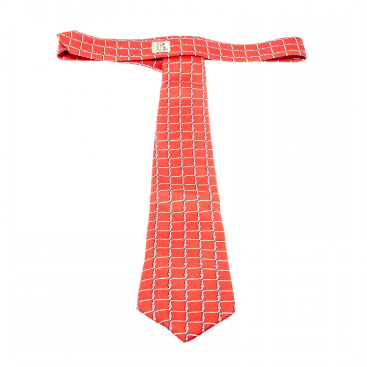 Pre Owned Hermes Red Equestrian Belt Print Silk Twill Tie