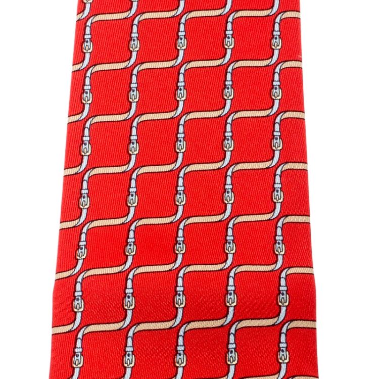 Pre Owned Hermes Red Equestrian Belt Print Silk Twill Tie