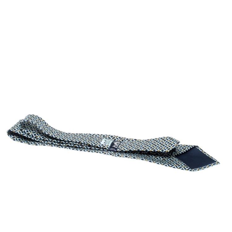 Pre Owned Hermes Blue Circular Belt Print Silk Tie 
