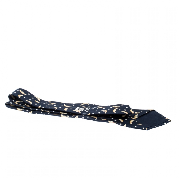 Pre Owned Hermes Navy Blue Half Moon Print Silk Twill Tie