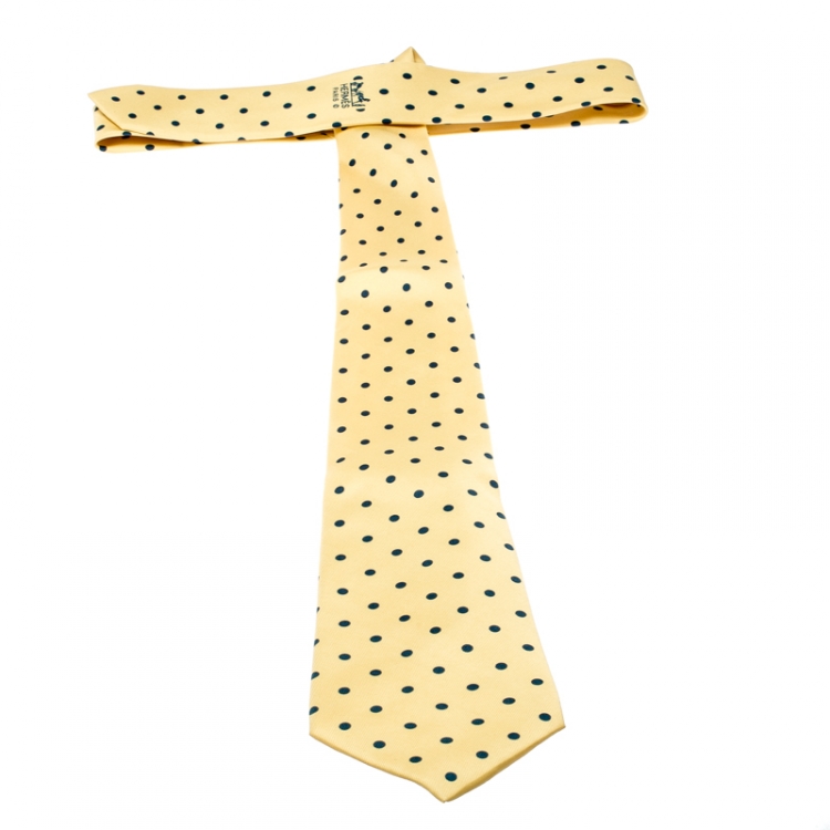 Pre Owned Hermes Yellow Polka Dot Print Silk Twill Tie 