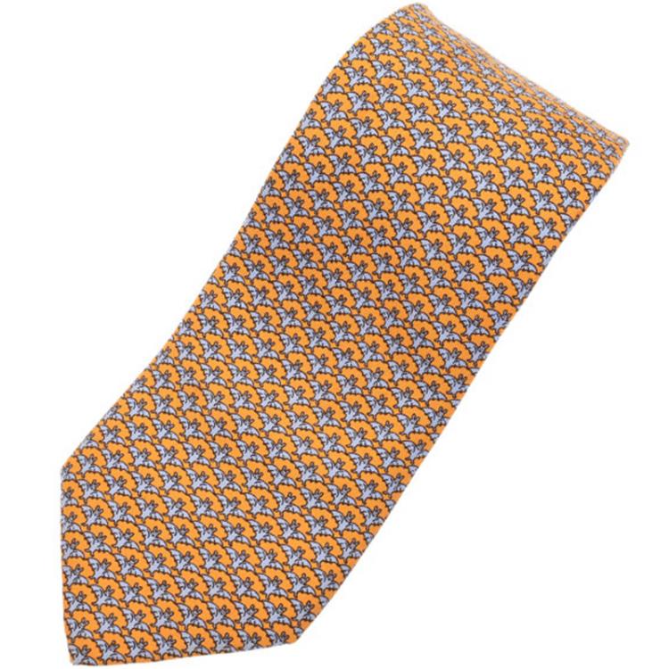 Hermes Orange Silk Bats Pattern Tie 