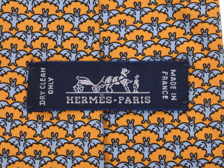 Pre Owned Hermes Orange Silk Bats Pattern Tie 