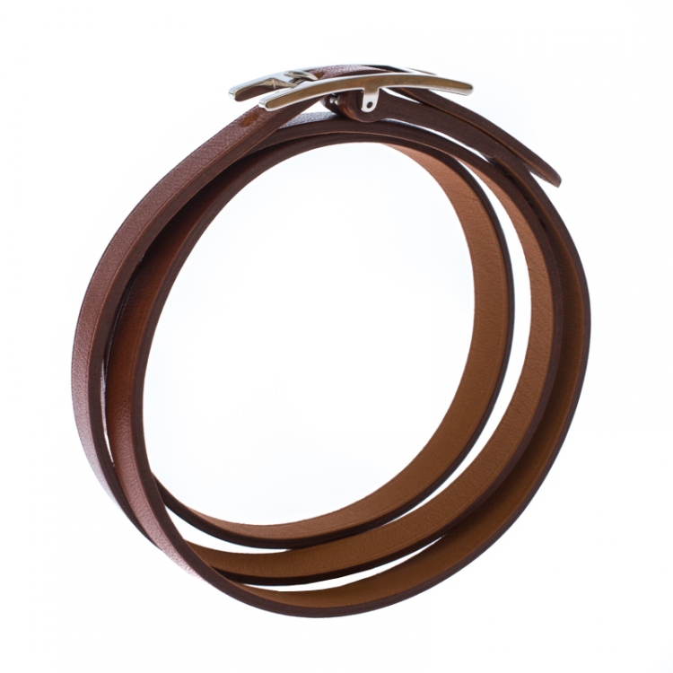 Pre Owned Hermès Hapi Brown Leather Palladium Plated Wrap Bracelet