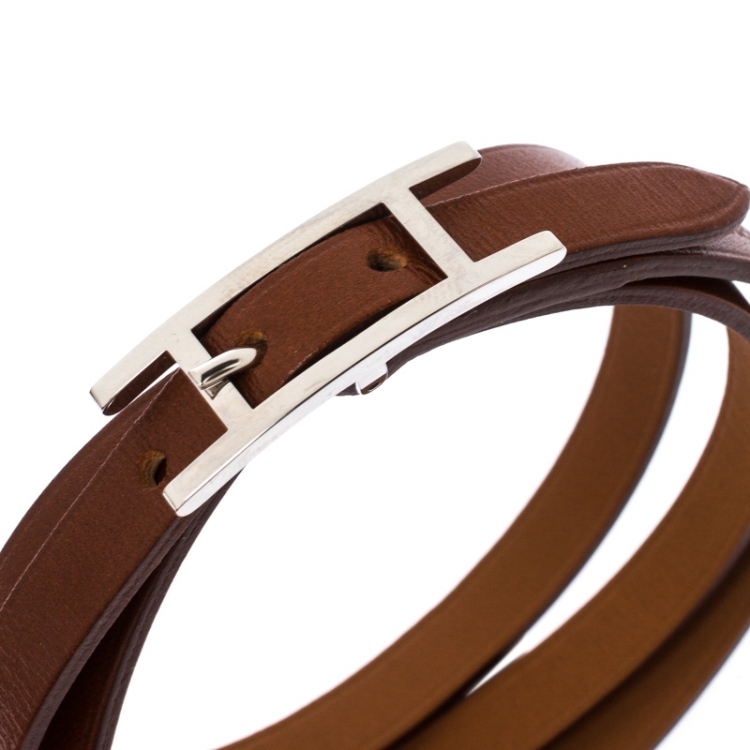 Pre Owned Hermès Hapi Brown Leather Palladium Plated Wrap Bracelet