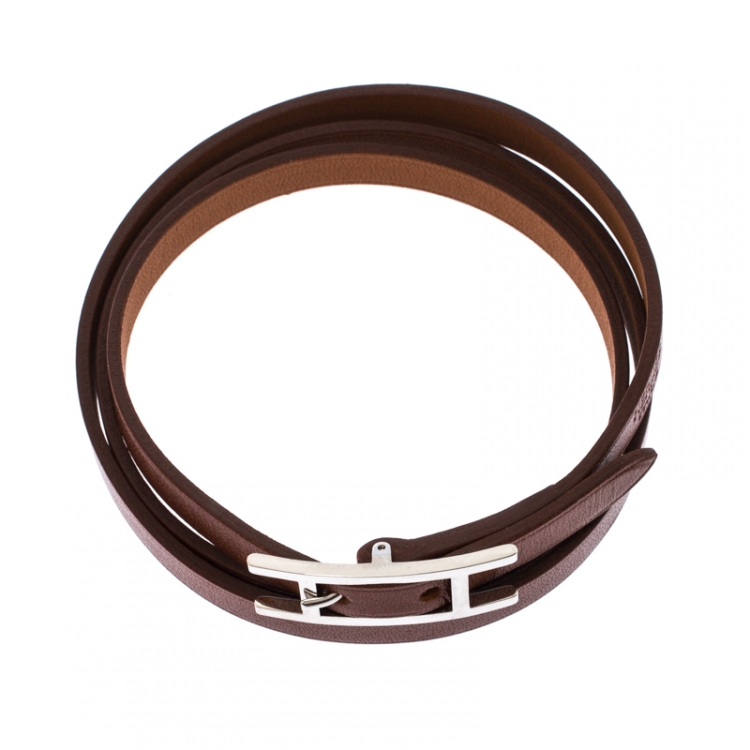 Pre Owned Hermès Hapi Brown Leather Palladium Plated Wrap Bracelet