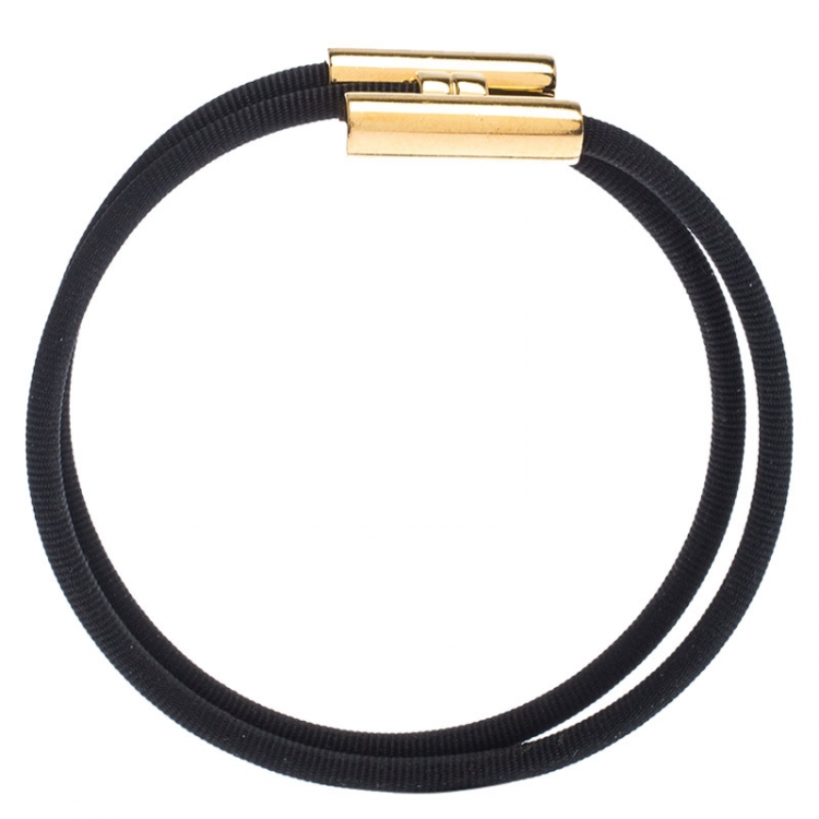 Pre Owned Hermes Tournis Tresse Black Leather Gold Plated Wrap Bracelet