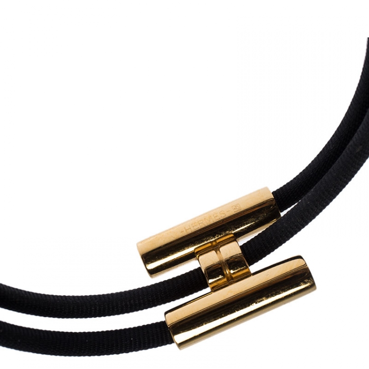 Pre Owned Hermes Tournis Tresse Black Leather Gold Plated Wrap Bracelet