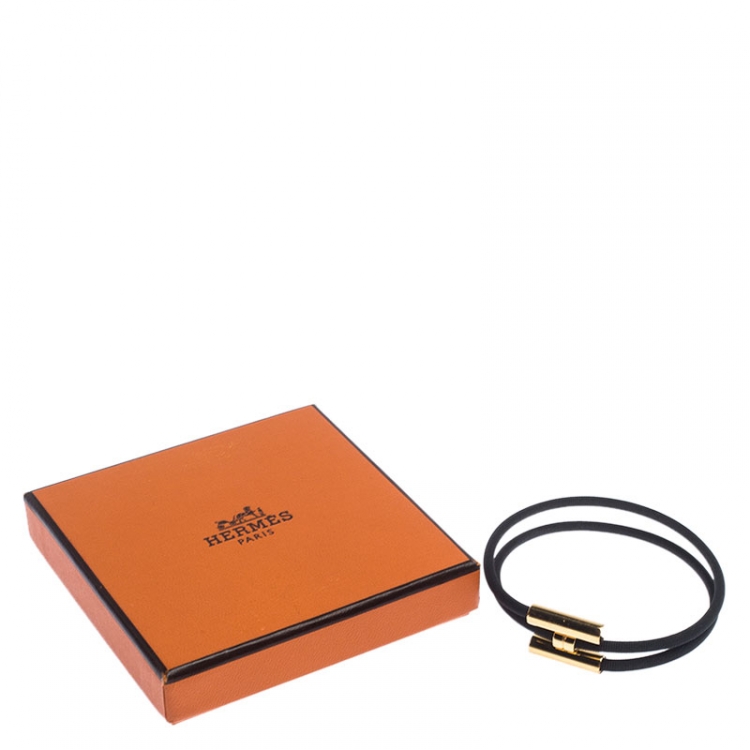 Pre Owned Hermes Tournis Tresse Black Leather Gold Plated Wrap Bracelet
