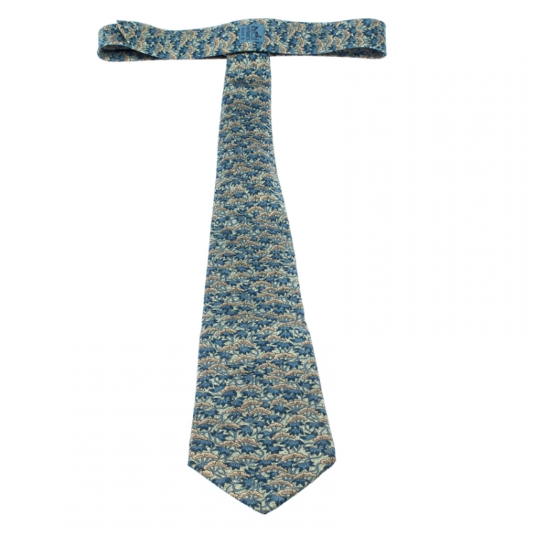 Pre Owned Hermès Light Green Japanese Maple Tree Print Silk Classic Tie 