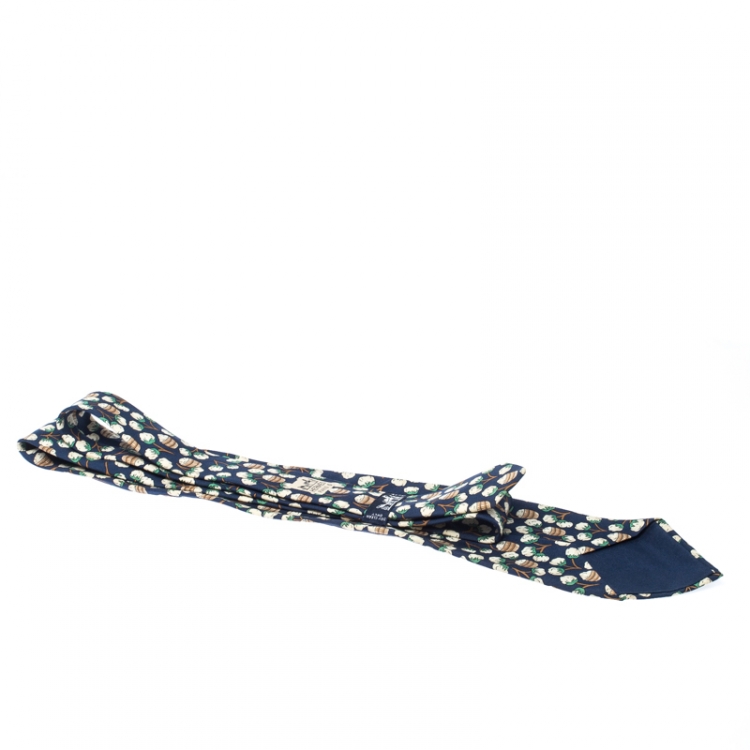 Pre Owned Hermes Navy Blue Floral Barrel Print Silk Classic Tie 