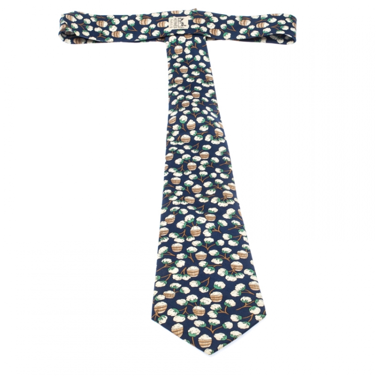 Pre Owned Hermes Navy Blue Floral Barrel Print Silk Classic Tie 