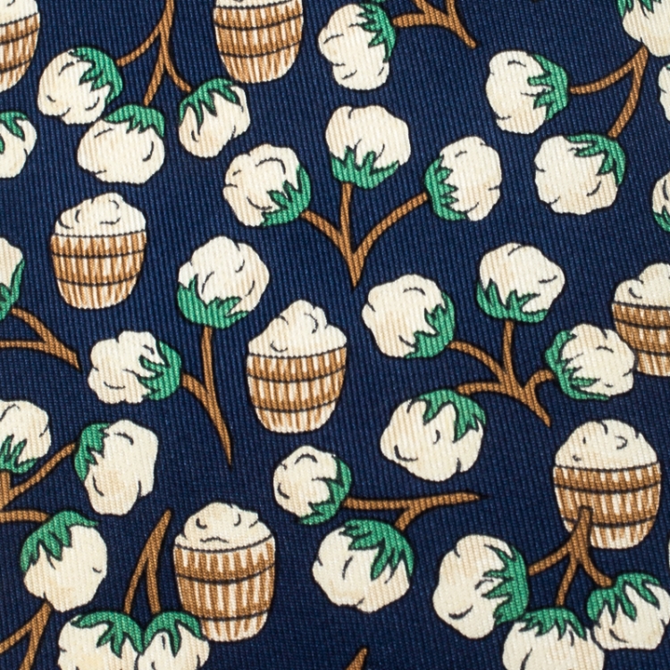 Pre Owned Hermes Navy Blue Floral Barrel Print Silk Classic Tie 