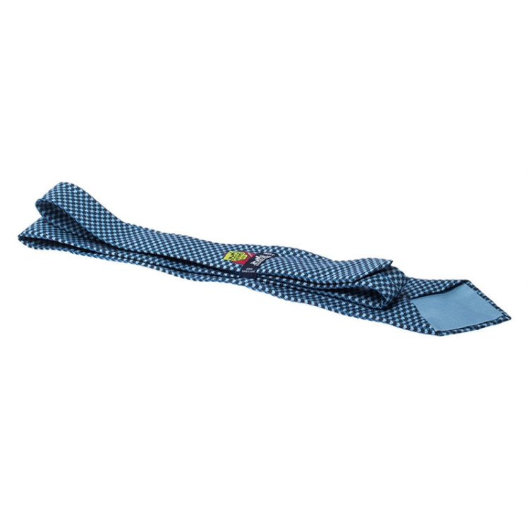 Pre Owned Hermes Blue Geometric Print Silk Tie