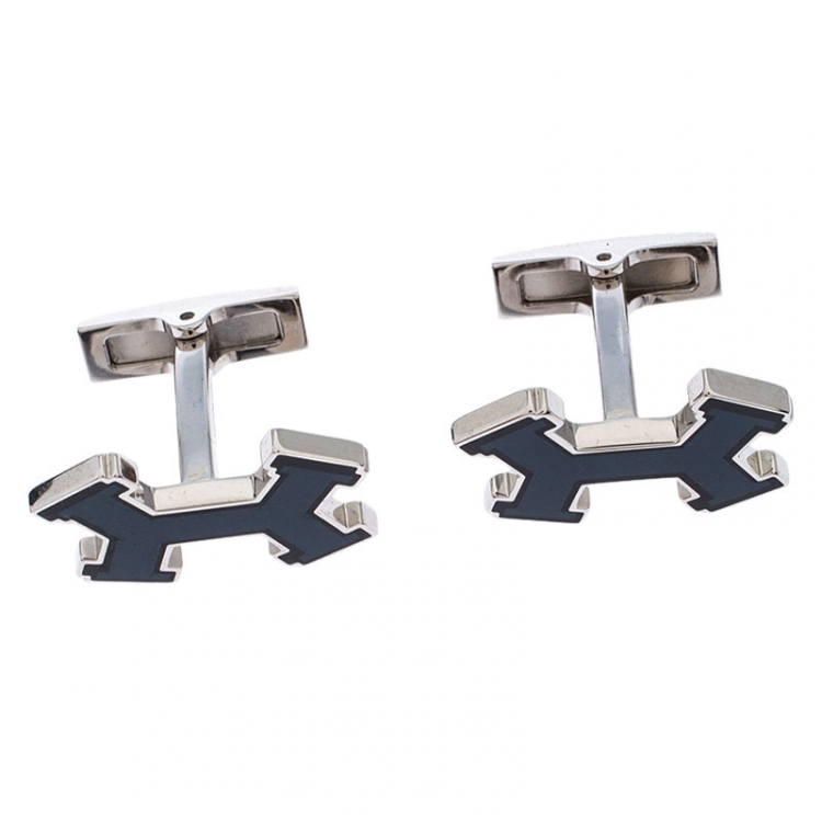Pre Owned Hermes Dark Blue Street H Lacquered Palladium Plated Cufflinks