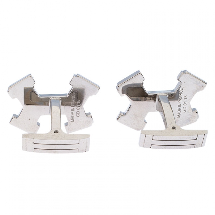 Pre Owned Hermes Dark Blue Street H Lacquered Palladium Plated Cufflinks
