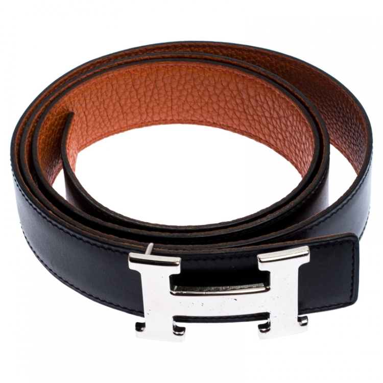 Pre Owned Hermes Black/Orange Leather Constance 2 Reversible Buckle Belt 105CM