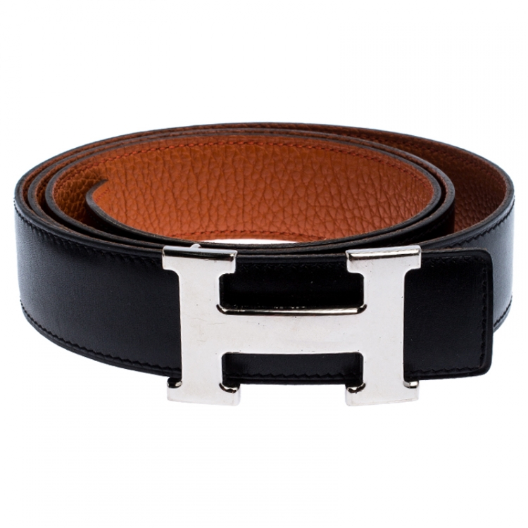 Pre Owned Hermes Black/Orange Leather Constance 2 Reversible Buckle Belt 105CM