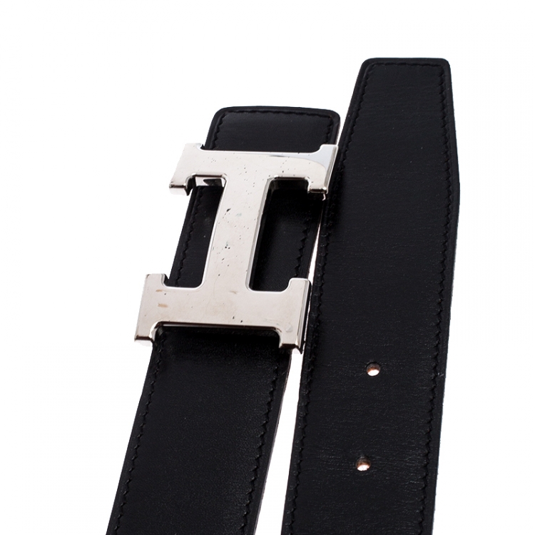 Pre Owned Hermes Black/Orange Leather Constance 2 Reversible Buckle Belt 105CM