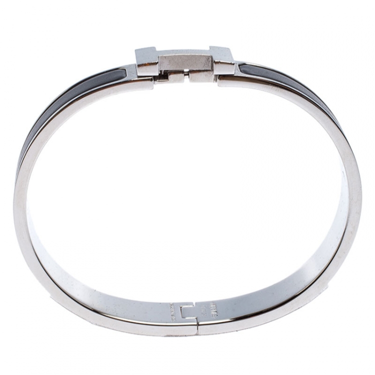 Pre Owned Hermes Clic HH Matte Noir Enamel Palladium Plated Bracelet GM