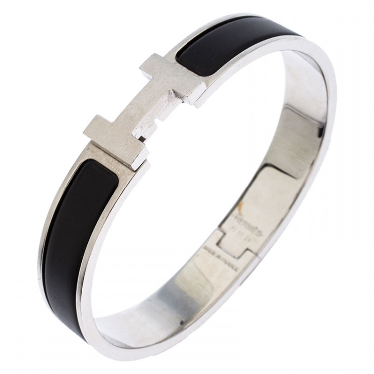 Pre Owned Hermes Clic HH Matte Noir Enamel Palladium Plated Bracelet GM