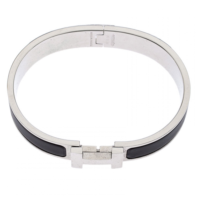 Pre Owned Hermes Clic HH Matte Noir Enamel Palladium Plated Bracelet GM