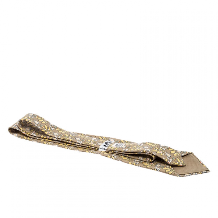 Pre Owned Hermes Beige And Yellow Teapot Print Classic Silk Tie