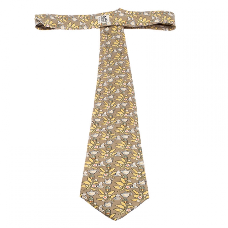 Pre Owned Hermes Beige And Yellow Teapot Print Classic Silk Tie