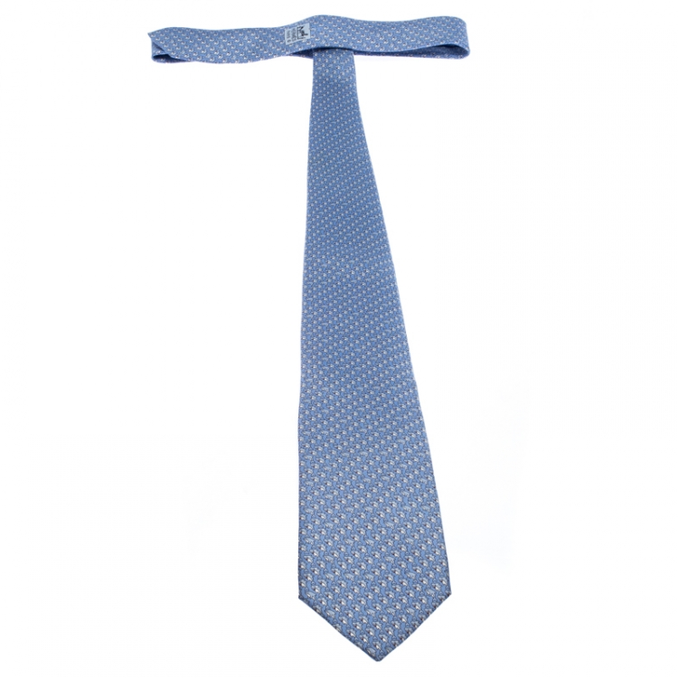 Pre Owned Hermes Blue Shark And Dolphin Print Classic Silk Tie