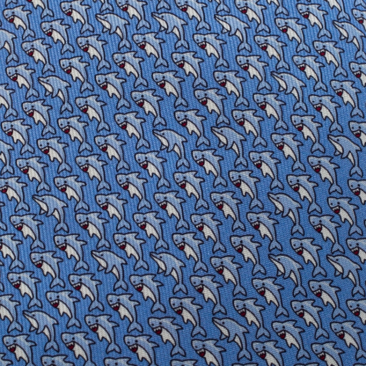 Pre Owned Hermes Blue Shark And Dolphin Print Classic Silk Tie