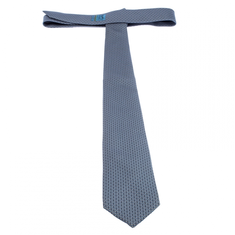 Pre Owned Hermes Blue Geometric Print Classic Silk Tie